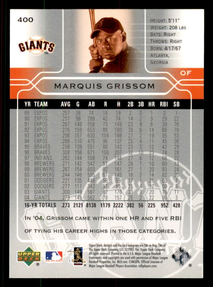 2005 Upper Deck #400 Marquis Grissom San Francisco Giants - Image 2 of 2