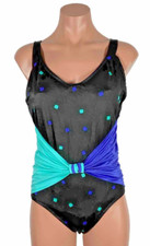 Vintage 80s Rose Marie Reid 14 Teal Black Belted One PIece Swimsuit Union