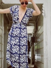 Reformation Midi Dress Sheer Floral Blue White Size 4 Made in USA