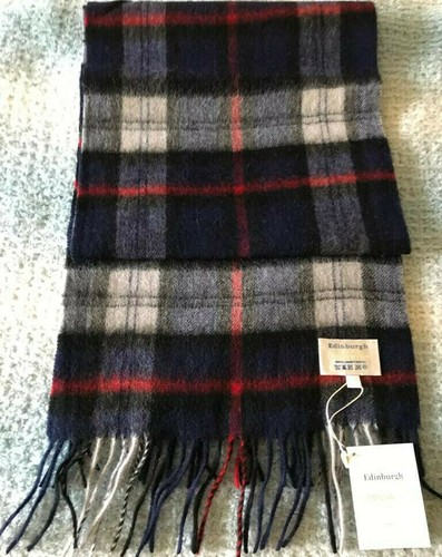 100% Lana de Edimburgo Azul Negro Rojo Blanco a Cuadros Flecos Bordados | eBay