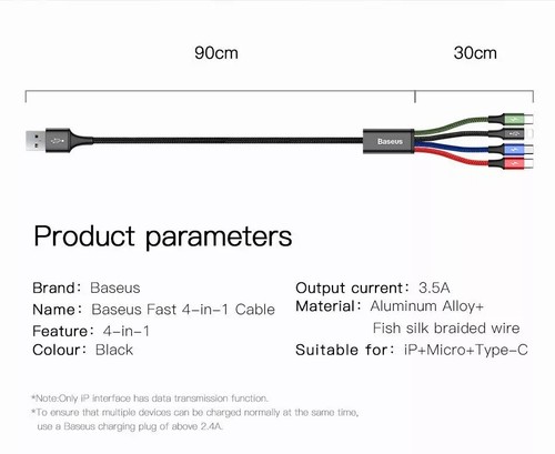 Baseus 4-in-1 Multi USB Fast Charging Cable Cord Charger For iPhone Samsung - Picture 7 of 16