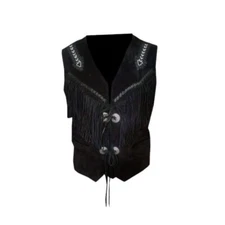 Men Native Traditional Western Cowboy Leather vest Fringe & Beaded
