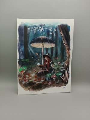 Lesung durch Pilzlicht Original Aquarell Fantasy Gemälde Illustration
