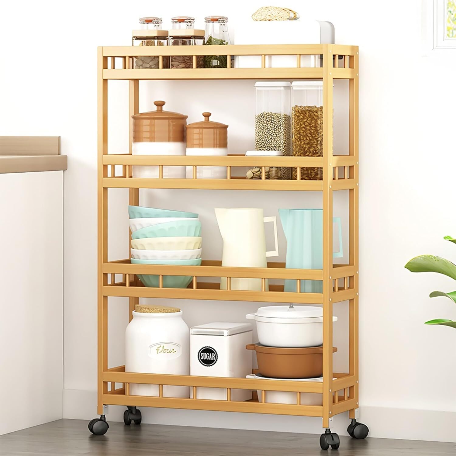 Narrow 4-Tier Kitchen Cart, Slim Bamboo Rolling Storage Shelf 7.1 Inch Wide