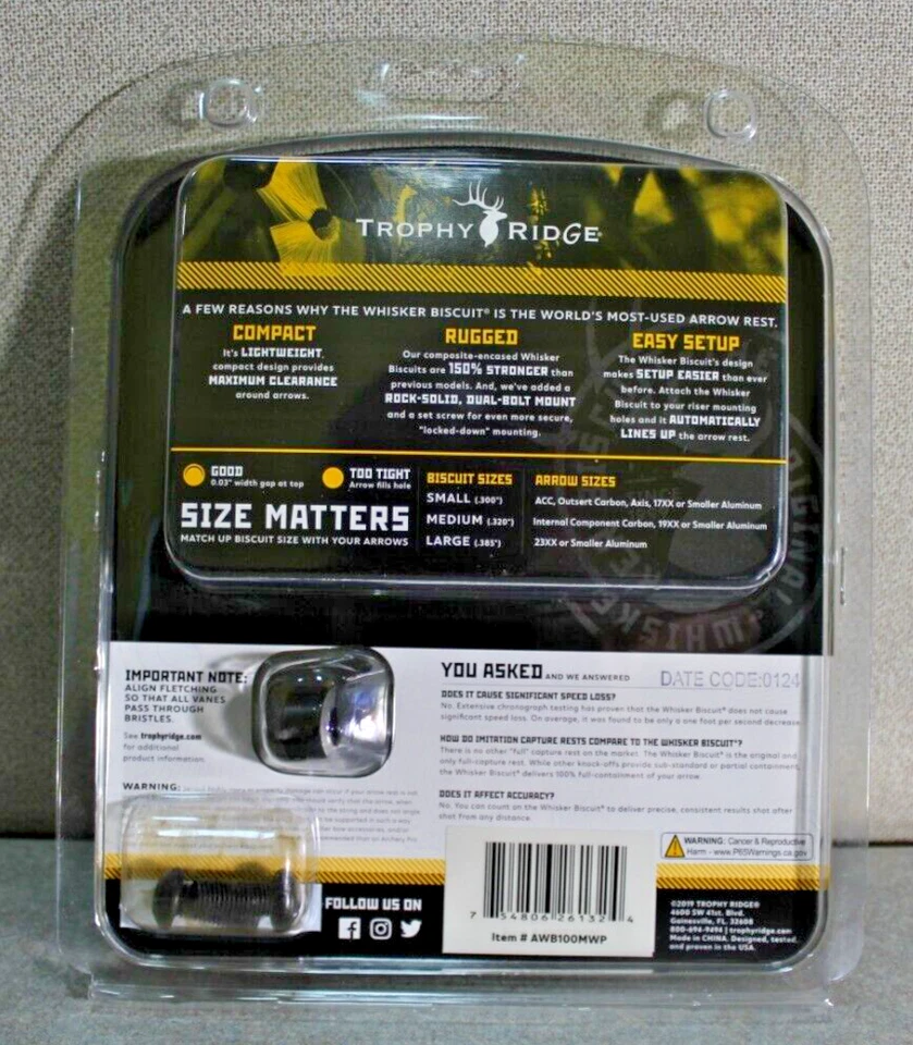 Trophy Ridge Whisker Biscuit Kill Shot Medium Black AWB500M Arrow Rest NEW - Image 2 of 2