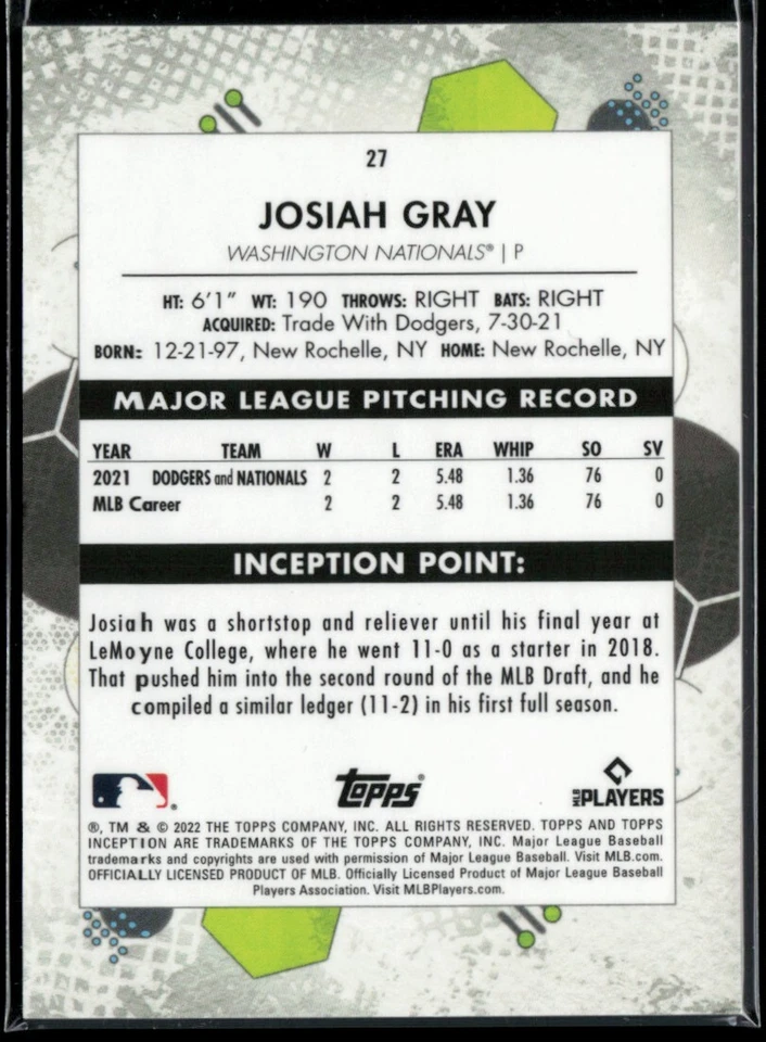 2022 Topps Inception #27 Josiah Gray RC - Image 2 of 2
