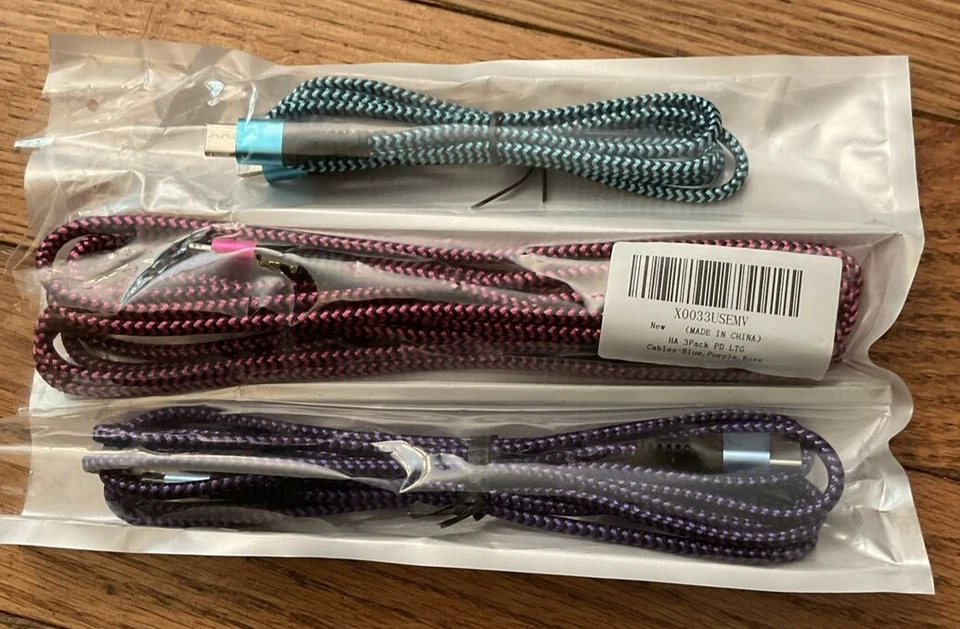 Paquete de 3 cables X0033USEMV AZUL PÚRPURA ROSA TRENZADO IPhone a USB-C cable de carga Foto 4 de 4