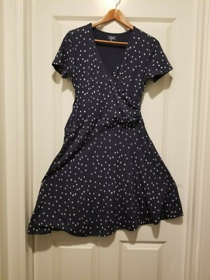 IZOD Navy Blue Faux Wrap V-Neck Slant Hem Dress with White Stars Women  Small | eBay