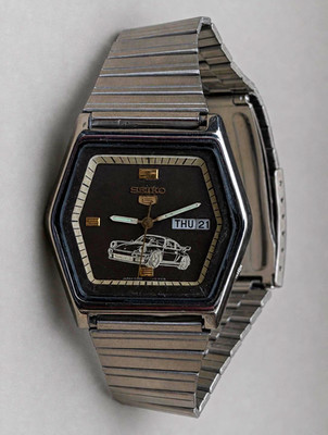 Vintage Seiko 5 Automatic 21J Day/Date Black Cars Dial Octagon Steel Bracelet