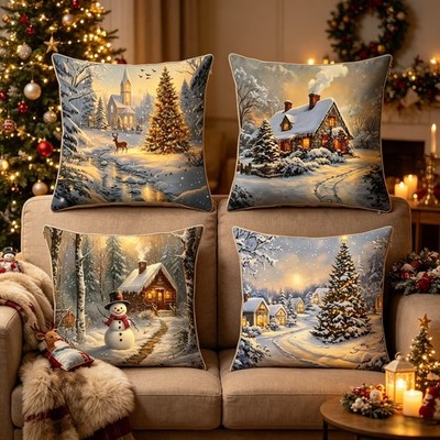4 Stück Kissenbezüge Weihnachten 45x45cm Pastell Winter Landhaus & Golden Bell