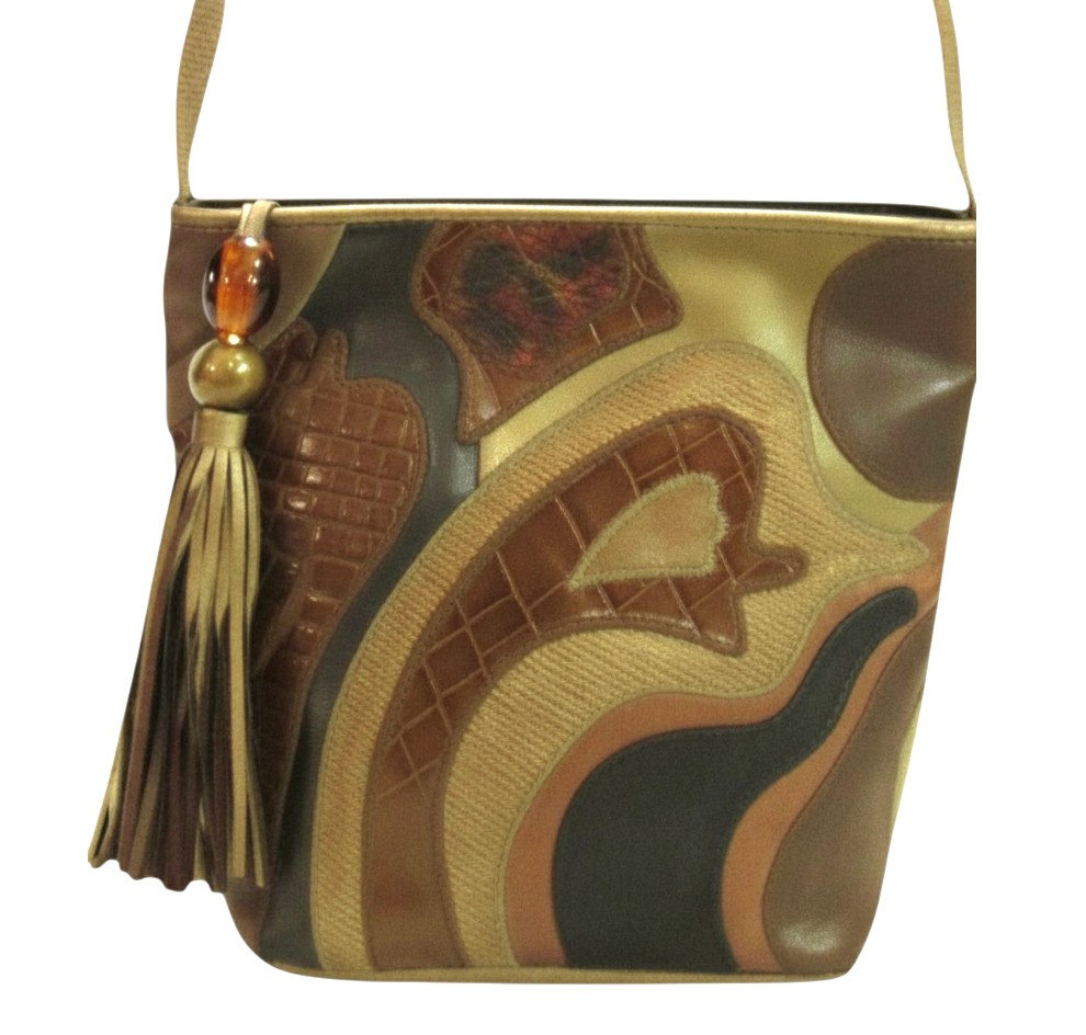 VTG SHARIF Brown/Multi LEATHER PATCHWORK Croc Emb… - image 1