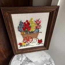 VTG wooden Framed Crewel Embroidered Art Hand Stitched Yard Floral Cart 13x15