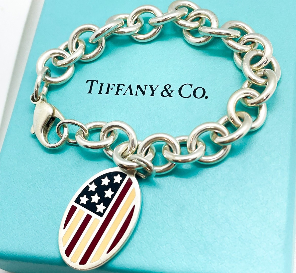 Tiffany & Co 2001 Silver Enamel American Flag Bracelet 6.5