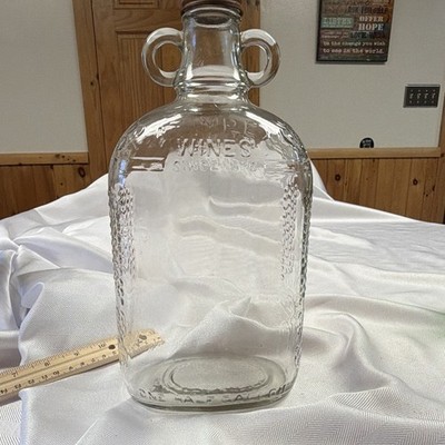 Clear Glass Half Gallon Embossed A.H. APEX WINE Jug Bottle w/ Handle & Cork