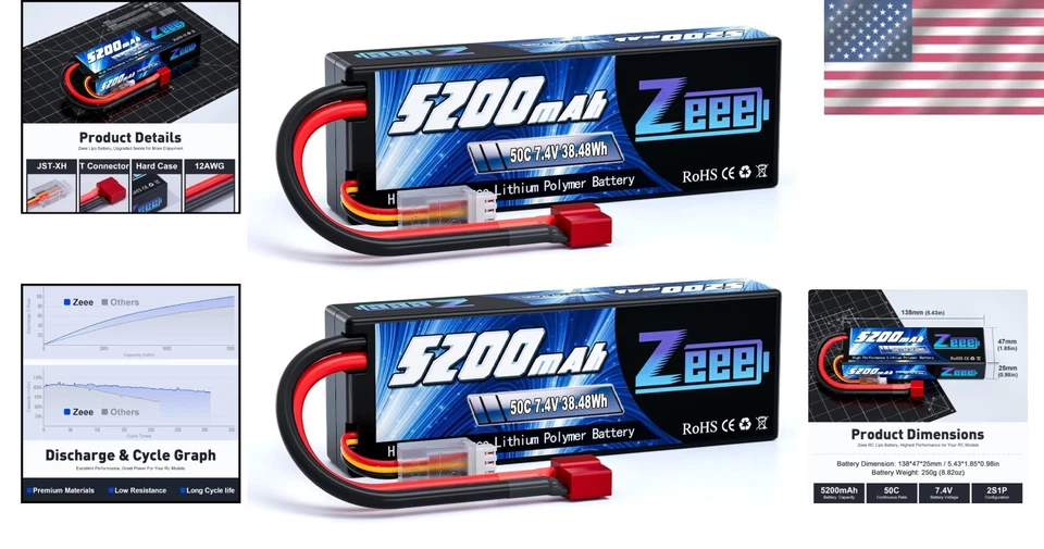 2x 7.4V Lipo Battery 5200mAh Hard Case for RC Vehicles - Image 2 of 4