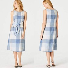 J. Jill Love Linen Tie-Waist A-Line Midi Dress Womens Small Blue White Plaid