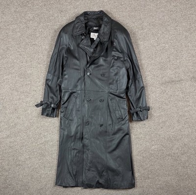Vintage 90s Pelle Studio Black Leather Double Breasted Long Trench Coat Men s L
