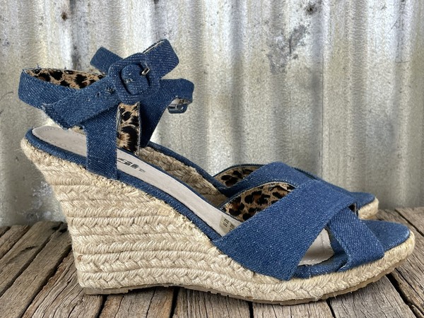 DISH Retro DENIM STRAPPY WEDGES Jute Heels 10