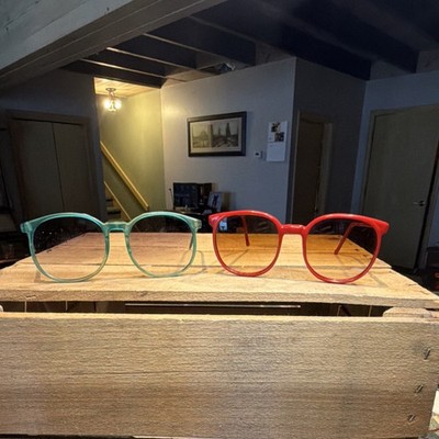 RARE 1980s Mustang Red Horse Logo Sunglasses + Teal Translucent Frames - MINT)