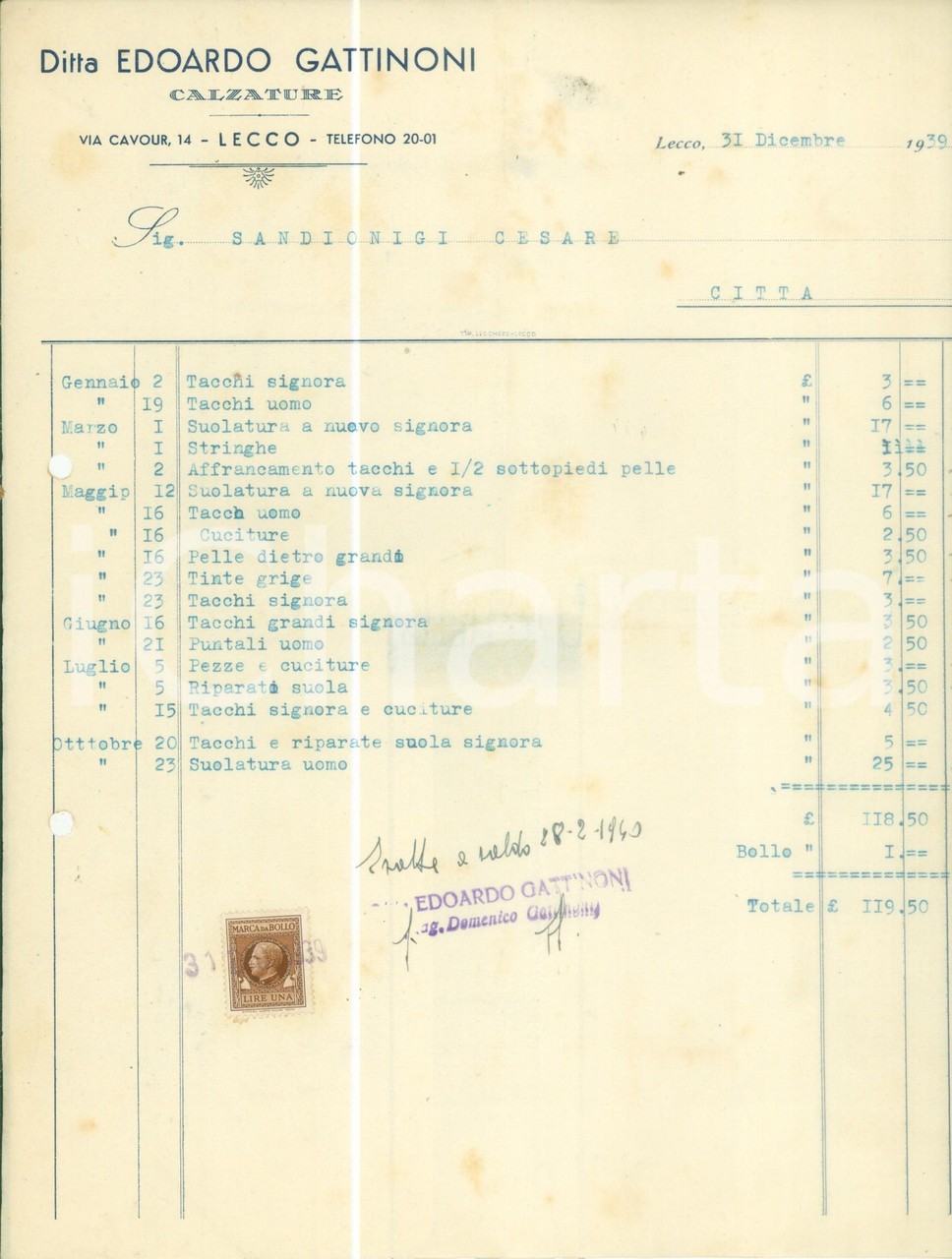 1939 LECCO Calzature Ditta Edoardo GATTINONI *Fattura commerciale