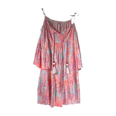 Lilly Pulitzer Alanna Off The Shoulder Dress Too Much Bubbly Pink Blue M