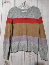 LOFT Sweater Womens Small Gray Multicolor Colorblock Stripe Knit Crewneck Soft