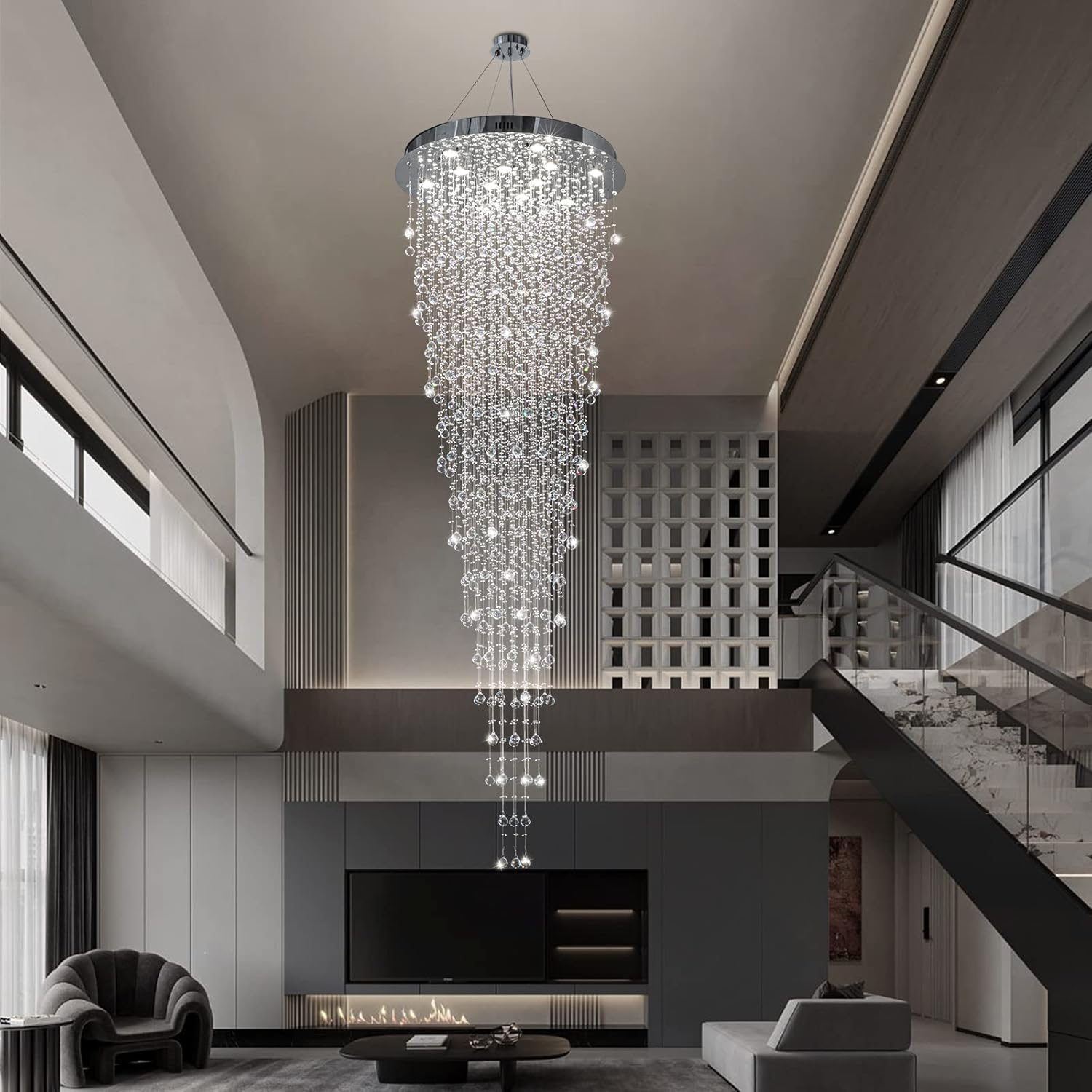 Luxury 12-Light Crystal Chandelier for High Ceilings, 32