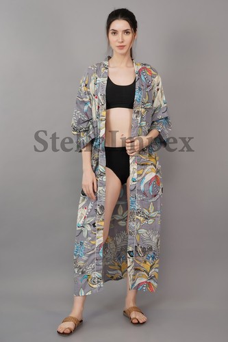 Trendy Cotton Kimono Elegant Grey Bathrobe Resort Wear Beach Bikini Cover-ups - Picture 2 of 6