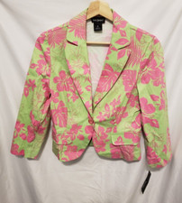 Tara Jones Cropped Blazer Sz 6 Green Pink Floral Pattern V-neck 3/4 Sleeve