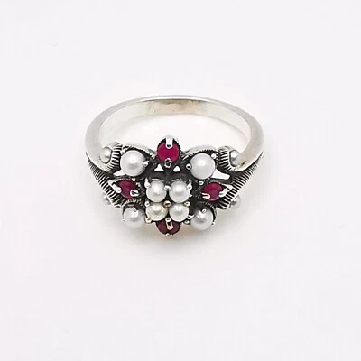 Jugendstil Damenring Pinksaphir und Perlen Edelsteinen 925 Silber - Bild 1 von 4