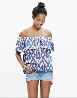 Madewell Size M Blue White Balcony Ikat Off Shoulder Flutter Ruffle Top Blouse