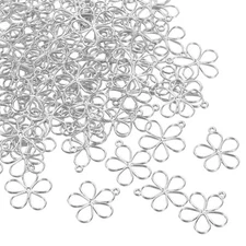 100 Pcs Hollow Flower Charm Open Bezel Frame Pendants, Silver Tone