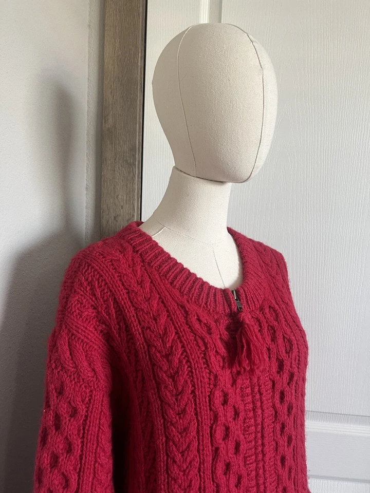 MARSH LANDING ручной вязки шерсти Fisherman свитер женщин Sz L красный молнии кардиган винтажный - Изображение 3 из 4