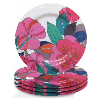 Trina Turk Floral Dinner Plates Set of Fuchsia Hibiscus Round 11’’  Melamine