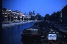 Kodachrome Red Border Slide 1950s Coal Barges on the River Canal in Amsterdam