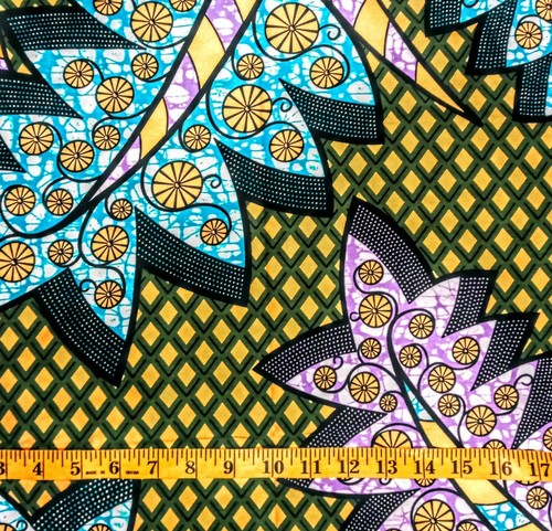 African Fabric 1/2 Yard Wax Print Cotton GREEN BLUE PURPLE Metallic Gold BTHY - Picture 3 of 3
