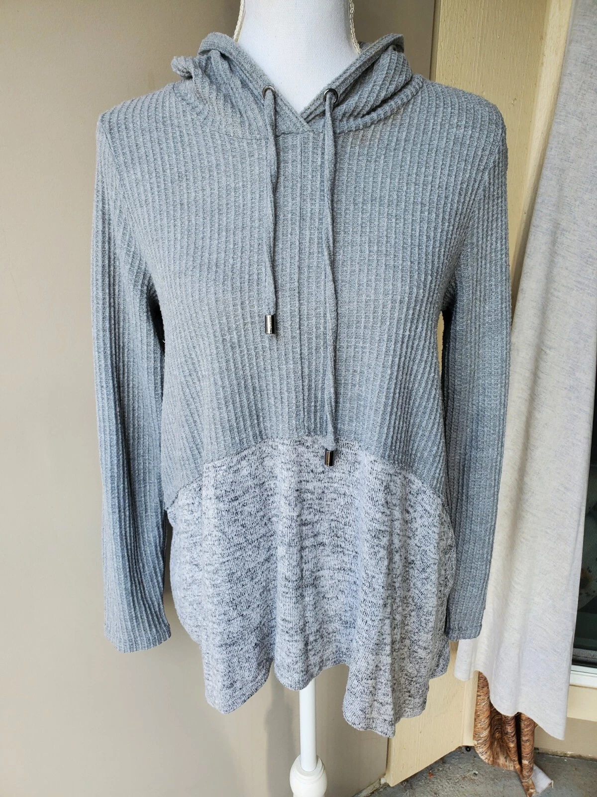 BKE Hoodie Womens Small Gray Pullover Waffle Mixed Media Soft Cozy Lounge Relax