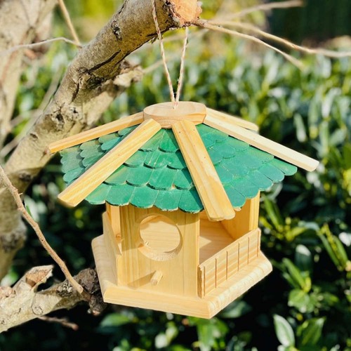 DARLUX Sechseck Holz Vogel Futter Haus XL Futterstelle Hängend Natur/Grün - Bild 3 von 4