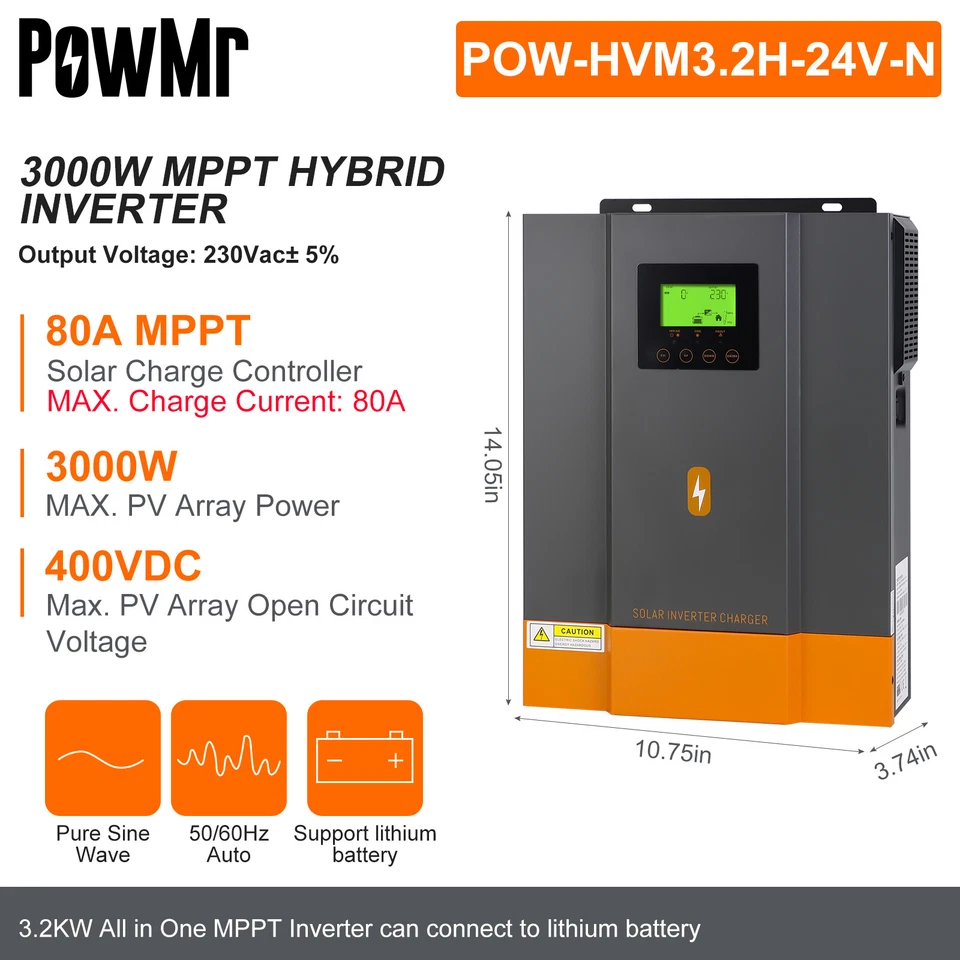 3000W 24V Solar Hybrid Inverter 220V Off Grid Pure Sine Wave 80A MPPT Controller - Image 2 of 4