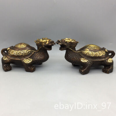 7'' China collection Pure copper Gilt Seiko Small gossip dragon turtle one pair