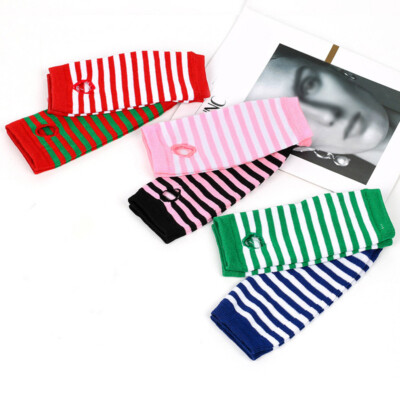 Women's Long Fingerless Knit Striped Arm Gloves Elbow Sleeve Winter Warm Mittens