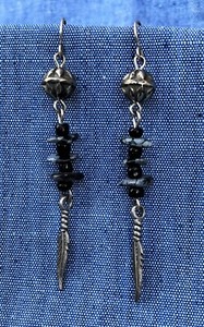 Original Design Feather & Bead, Snowflake Jasper Chip Earrings .925 Hooks 3" L