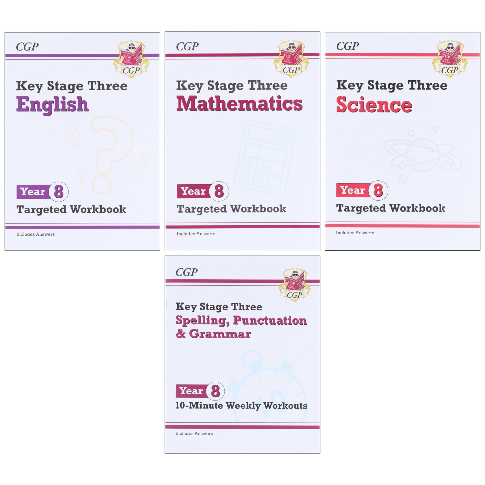 CGP KS3 Year 8 Targeted Workbook Bundle (Includes Answers) 4 Books Set - PB