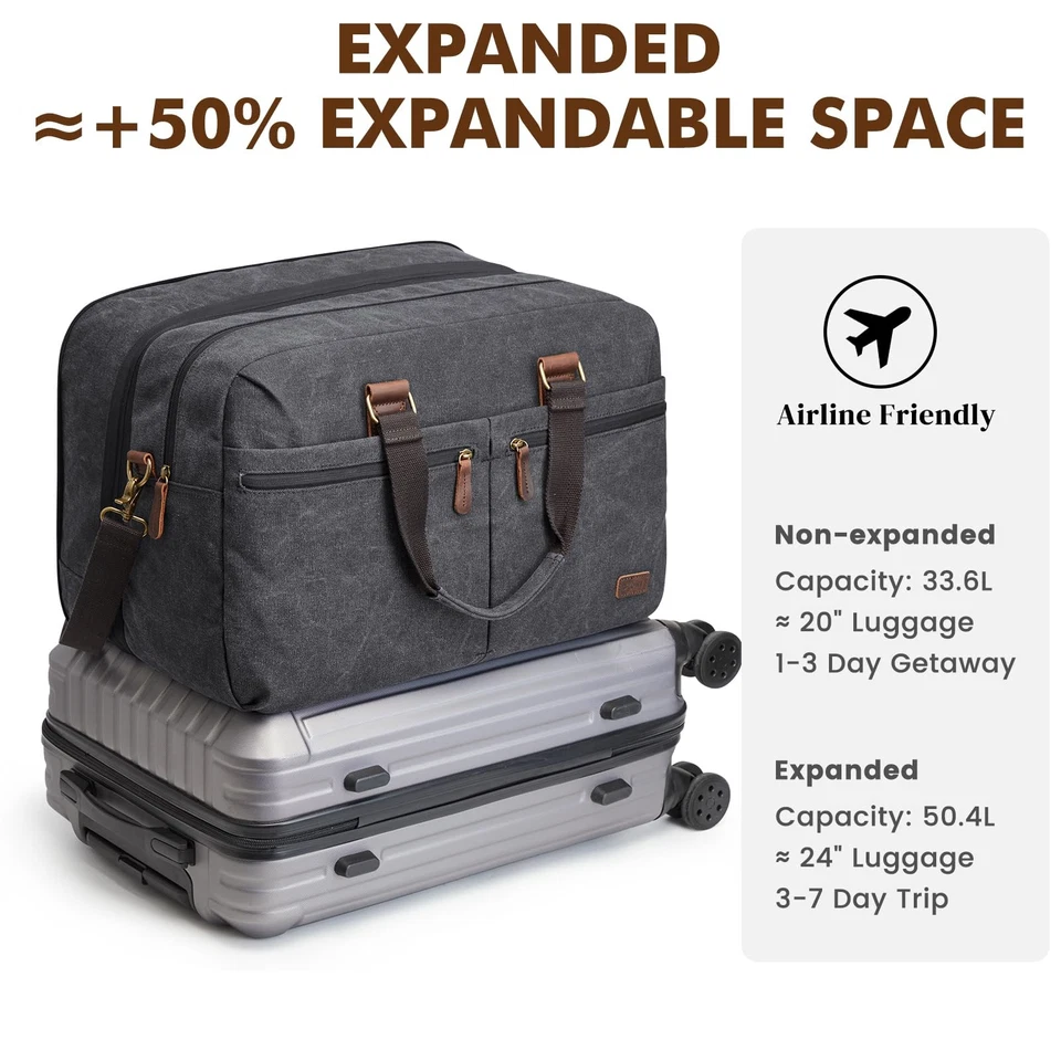 Expandable Duffle Bag for Travel 33L 50L Canvas Weekender Overnight Bags Men ... - Image 2 of 4