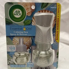 Air Wick Scented Oil Starter Kit (Warmer + 2 Refills), Calming Sea Spray & Breez
