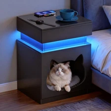 Night Stand with Charging Station, Wooden Side Table with Push Pull Drawer an...