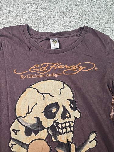 Ed Hardy Shirt Womans Medium Brown Dbl Graphic Long Sleeve Lightweight Casual - Picture 3 of 20