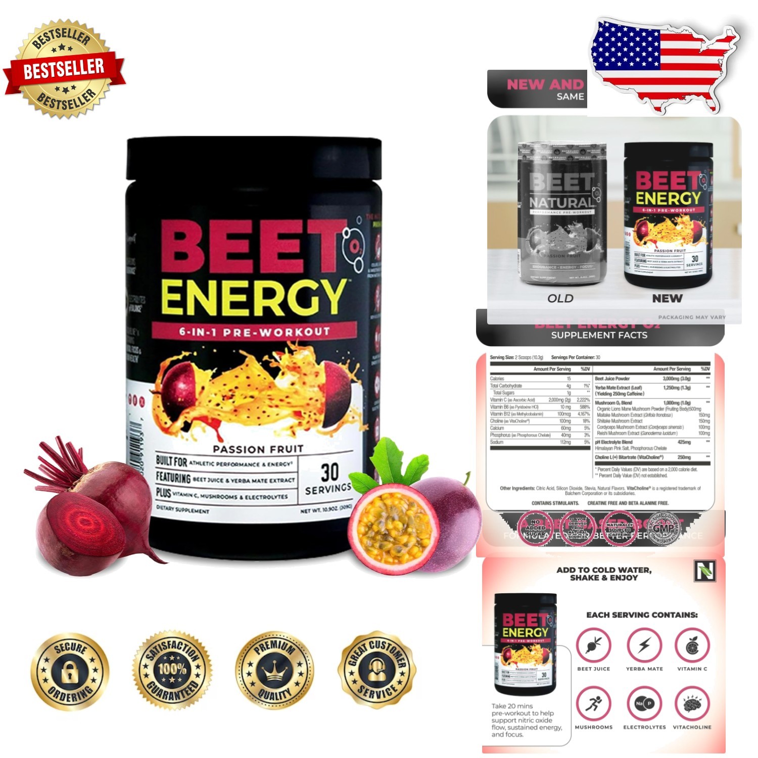 Beetroot Powder Pre-Workout Passion Fruit Jar - Yerba Mate E