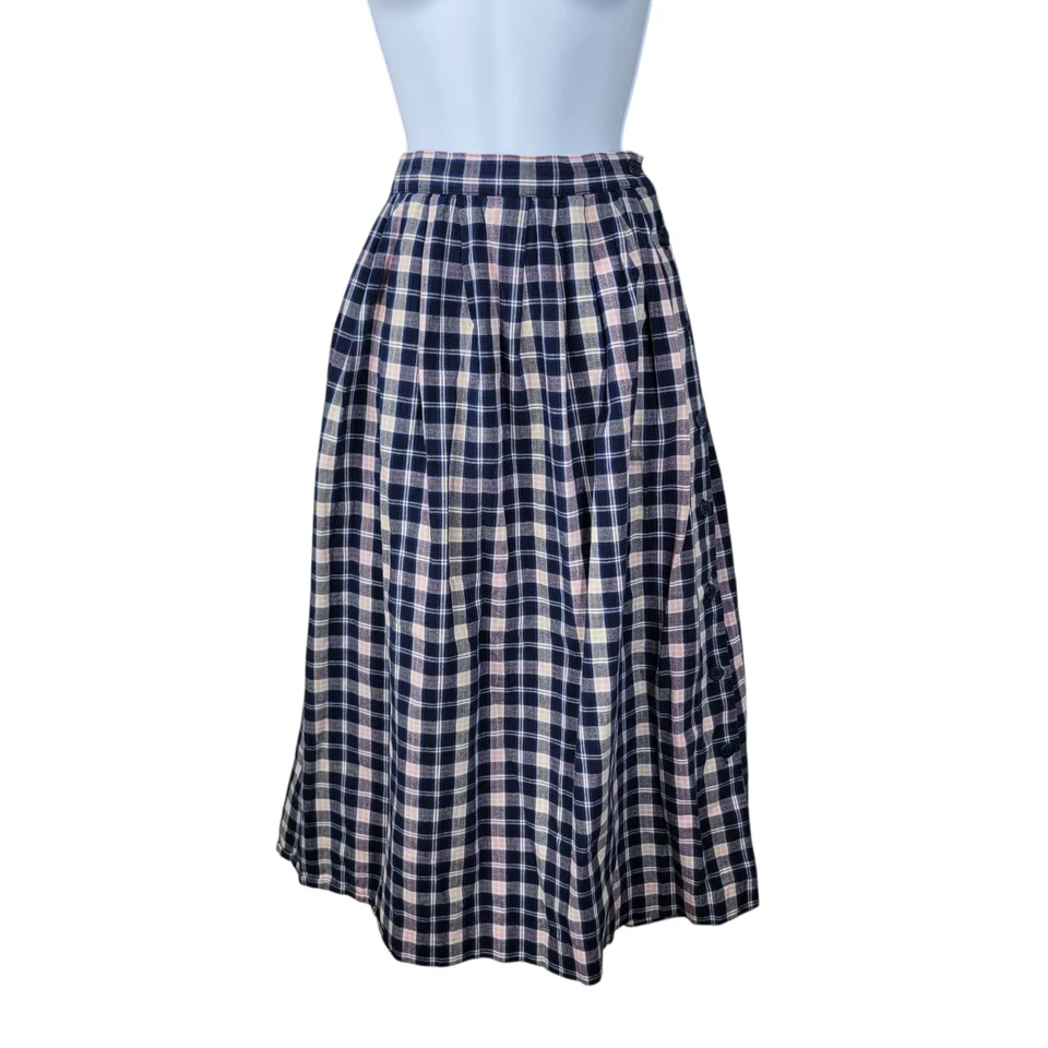 Vintage Talbots Pleated Skirt Size 8 Plaid Preppy Side Button Blue Pink Stretch - Image 2 of 4
