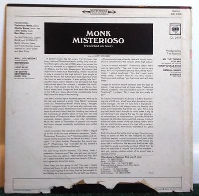 Thelonious Monk – Misterioso (Recorded On Tour) Vinyl 1965 LP